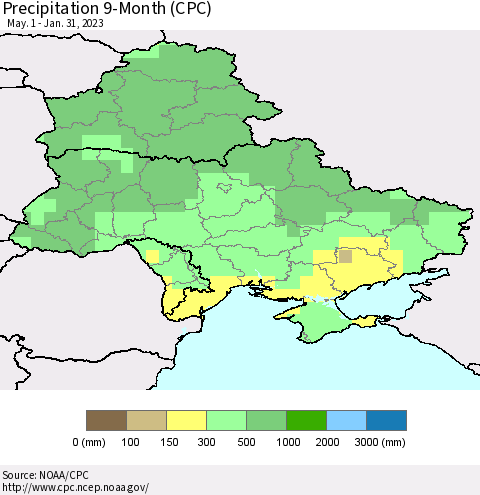 Ukraine, Moldova and Belarus Precipitation 9-Month (CPC) Thematic Map For 5/1/2022 - 1/31/2023