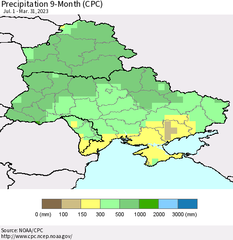 Ukraine, Moldova and Belarus Precipitation 9-Month (CPC) Thematic Map For 7/1/2022 - 3/31/2023