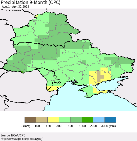 Ukraine, Moldova and Belarus Precipitation 9-Month (CPC) Thematic Map For 8/1/2022 - 4/30/2023