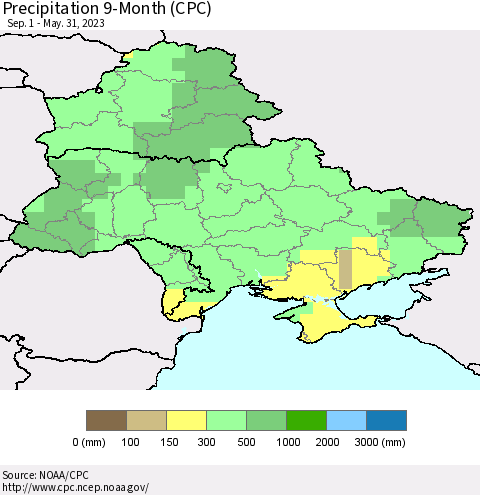 Ukraine, Moldova and Belarus Precipitation 9-Month (CPC) Thematic Map For 9/1/2022 - 5/31/2023