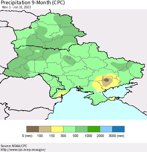 Ukraine, Moldova and Belarus Precipitation 9-Month (CPC) Thematic Map For 11/1/2022 - 7/31/2023