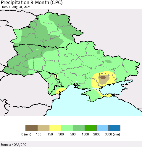 Ukraine, Moldova and Belarus Precipitation 9-Month (CPC) Thematic Map For 12/1/2022 - 8/31/2023