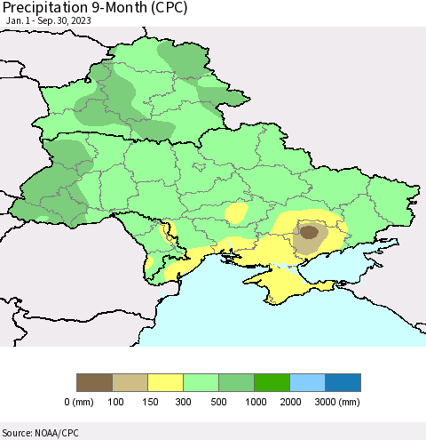 Ukraine, Moldova and Belarus Precipitation 9-Month (CPC) Thematic Map For 1/1/2023 - 9/30/2023