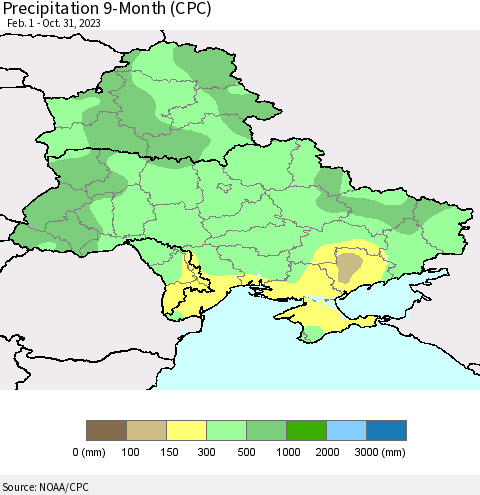 Ukraine, Moldova and Belarus Precipitation 9-Month (CPC) Thematic Map For 2/1/2023 - 10/31/2023