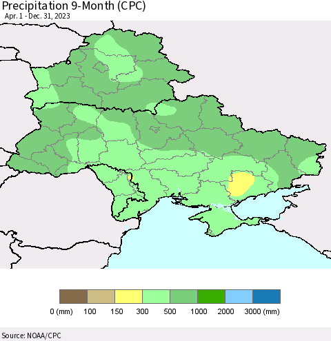 Ukraine, Moldova and Belarus Precipitation 9-Month (CPC) Thematic Map For 4/1/2023 - 12/31/2023