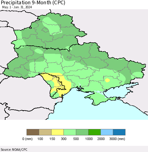 Ukraine, Moldova and Belarus Precipitation 9-Month (CPC) Thematic Map For 5/1/2023 - 1/31/2024