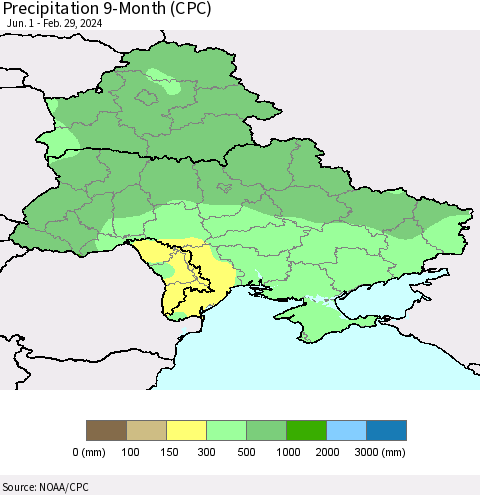 Ukraine, Moldova and Belarus Precipitation 9-Month (CPC) Thematic Map For 6/1/2023 - 2/29/2024