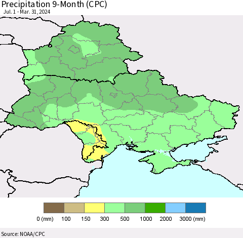 Ukraine, Moldova and Belarus Precipitation 9-Month (CPC) Thematic Map For 7/1/2023 - 3/31/2024