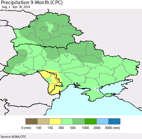 Ukraine, Moldova and Belarus Precipitation 9-Month (CPC) Thematic Map For 8/1/2023 - 4/30/2024