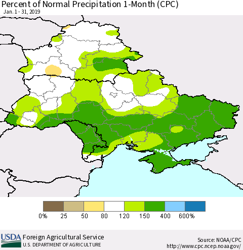Ukraine, Moldova and Belarus Percent of Normal Precipitation 1-Month (CPC) Thematic Map For 1/1/2019 - 1/31/2019