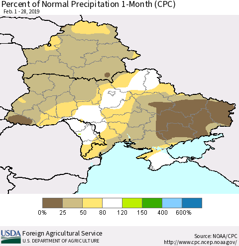 Ukraine, Moldova and Belarus Percent of Normal Precipitation 1-Month (CPC) Thematic Map For 2/1/2019 - 2/28/2019
