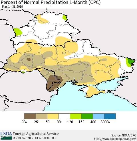 Ukraine, Moldova and Belarus Percent of Normal Precipitation 1-Month (CPC) Thematic Map For 3/1/2019 - 3/31/2019