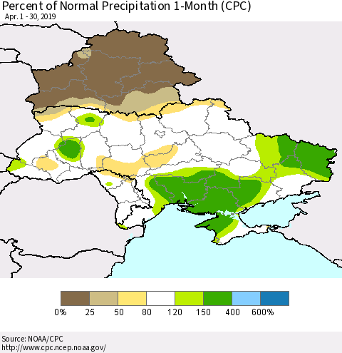 Ukraine, Moldova and Belarus Percent of Normal Precipitation 1-Month (CPC) Thematic Map For 4/1/2019 - 4/30/2019