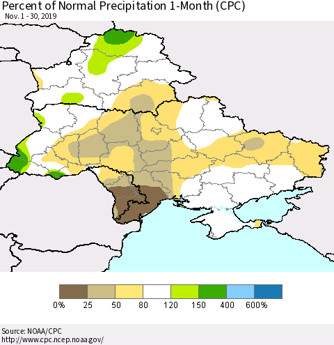 Ukraine, Moldova and Belarus Percent of Normal Precipitation 1-Month (CPC) Thematic Map For 11/1/2019 - 11/30/2019