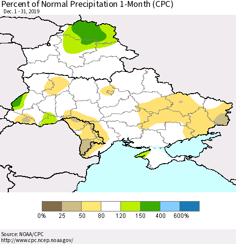 Ukraine, Moldova and Belarus Percent of Normal Precipitation 1-Month (CPC) Thematic Map For 12/1/2019 - 12/31/2019