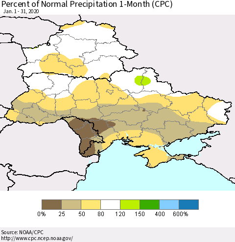 Ukraine, Moldova and Belarus Percent of Normal Precipitation 1-Month (CPC) Thematic Map For 1/1/2020 - 1/31/2020