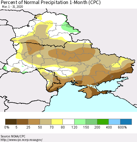 Ukraine, Moldova and Belarus Percent of Normal Precipitation 1-Month (CPC) Thematic Map For 3/1/2020 - 3/31/2020