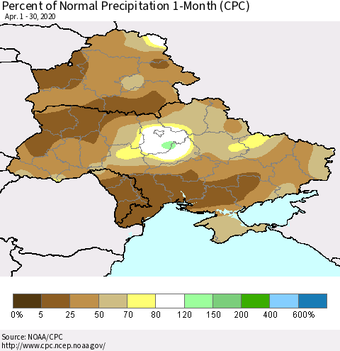 Ukraine, Moldova and Belarus Percent of Normal Precipitation 1-Month (CPC) Thematic Map For 4/1/2020 - 4/30/2020