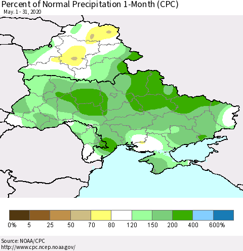 Ukraine, Moldova and Belarus Percent of Normal Precipitation 1-Month (CPC) Thematic Map For 5/1/2020 - 5/31/2020
