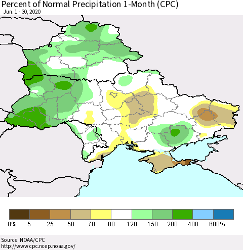 Ukraine, Moldova and Belarus Percent of Normal Precipitation 1-Month (CPC) Thematic Map For 6/1/2020 - 6/30/2020