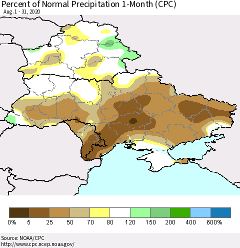 Ukraine, Moldova and Belarus Percent of Normal Precipitation 1-Month (CPC) Thematic Map For 8/1/2020 - 8/31/2020