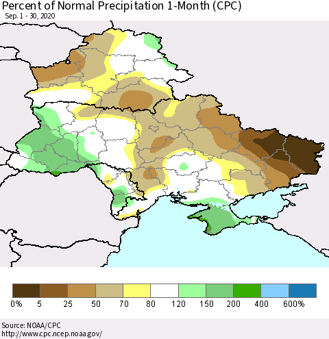 Ukraine, Moldova and Belarus Percent of Normal Precipitation 1-Month (CPC) Thematic Map For 9/1/2020 - 9/30/2020