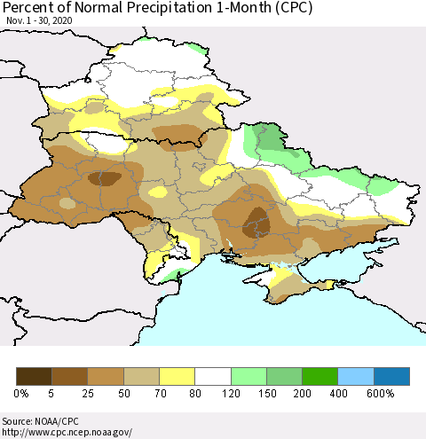 Ukraine, Moldova and Belarus Percent of Normal Precipitation 1-Month (CPC) Thematic Map For 11/1/2020 - 11/30/2020