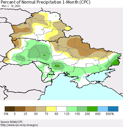 Ukraine, Moldova and Belarus Percent of Normal Precipitation 1-Month (CPC) Thematic Map For 3/1/2021 - 3/31/2021