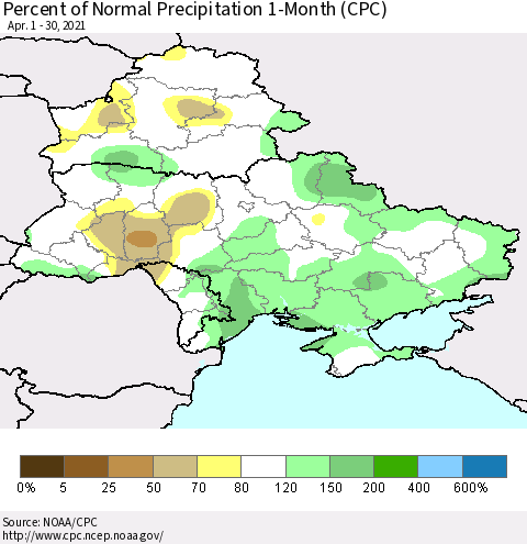 Ukraine, Moldova and Belarus Percent of Normal Precipitation 1-Month (CPC) Thematic Map For 4/1/2021 - 4/30/2021