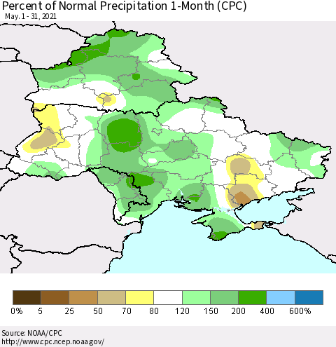 Ukraine, Moldova and Belarus Percent of Normal Precipitation 1-Month (CPC) Thematic Map For 5/1/2021 - 5/31/2021