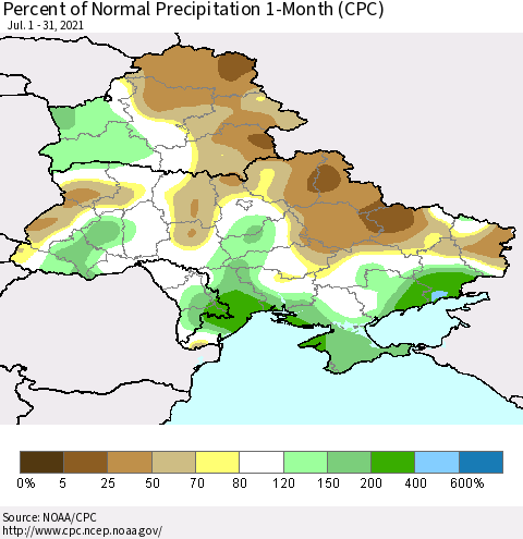 Ukraine, Moldova and Belarus Percent of Normal Precipitation 1-Month (CPC) Thematic Map For 7/1/2021 - 7/31/2021