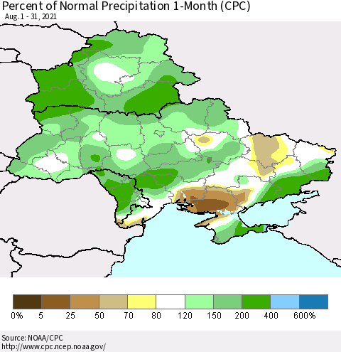 Ukraine, Moldova and Belarus Percent of Normal Precipitation 1-Month (CPC) Thematic Map For 8/1/2021 - 8/31/2021