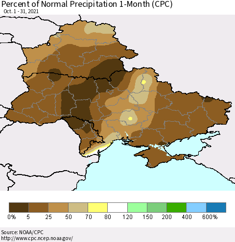Ukraine, Moldova and Belarus Percent of Normal Precipitation 1-Month (CPC) Thematic Map For 10/1/2021 - 10/31/2021