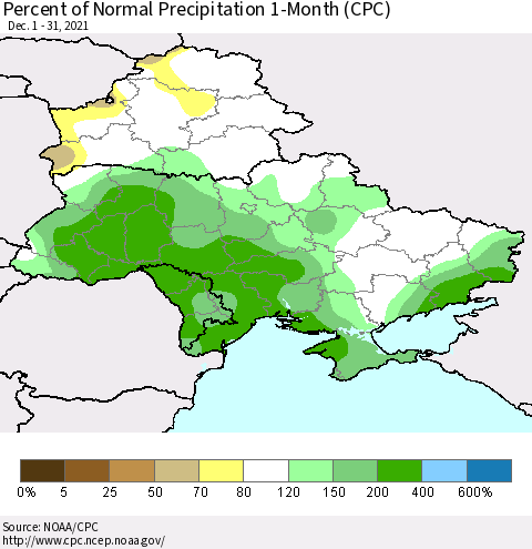 Ukraine, Moldova and Belarus Percent of Normal Precipitation 1-Month (CPC) Thematic Map For 12/1/2021 - 12/31/2021