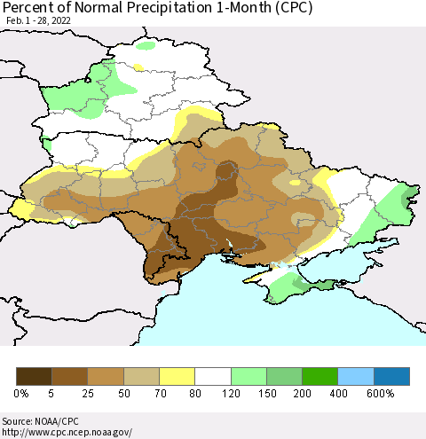 Ukraine, Moldova and Belarus Percent of Normal Precipitation 1-Month (CPC) Thematic Map For 2/1/2022 - 2/28/2022