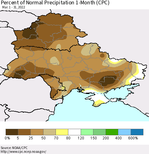 Ukraine, Moldova and Belarus Percent of Normal Precipitation 1-Month (CPC) Thematic Map For 3/1/2022 - 3/31/2022