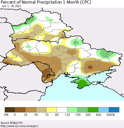 Ukraine, Moldova and Belarus Percent of Normal Precipitation 1-Month (CPC) Thematic Map For 6/1/2022 - 6/30/2022
