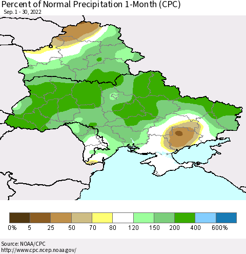 Ukraine, Moldova and Belarus Percent of Normal Precipitation 1-Month (CPC) Thematic Map For 9/1/2022 - 9/30/2022