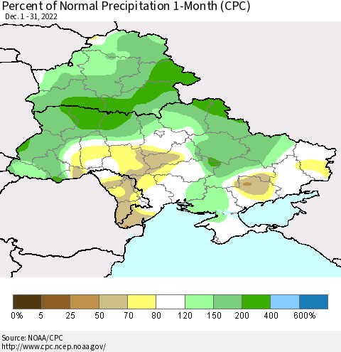 Ukraine, Moldova and Belarus Percent of Normal Precipitation 1-Month (CPC) Thematic Map For 12/1/2022 - 12/31/2022