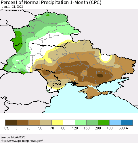 Ukraine, Moldova and Belarus Percent of Normal Precipitation 1-Month (CPC) Thematic Map For 1/1/2023 - 1/31/2023