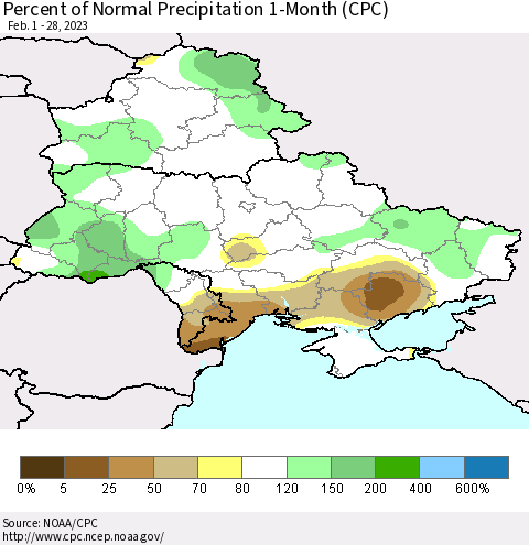 Ukraine, Moldova and Belarus Percent of Normal Precipitation 1-Month (CPC) Thematic Map For 2/1/2023 - 2/28/2023