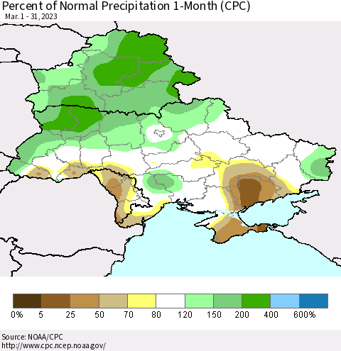 Ukraine, Moldova and Belarus Percent of Normal Precipitation 1-Month (CPC) Thematic Map For 3/1/2023 - 3/31/2023