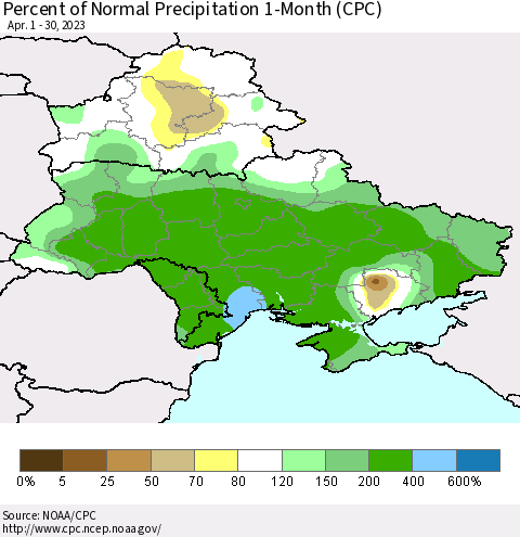 Ukraine, Moldova and Belarus Percent of Normal Precipitation 1-Month (CPC) Thematic Map For 4/1/2023 - 4/30/2023
