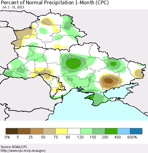 Ukraine, Moldova and Belarus Percent of Normal Precipitation 1-Month (CPC) Thematic Map For 7/1/2023 - 7/31/2023