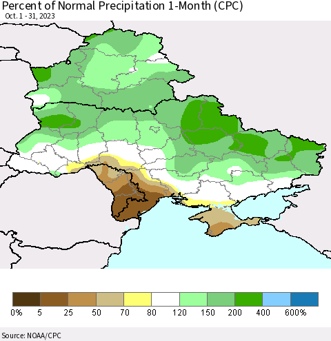Ukraine, Moldova and Belarus Percent of Normal Precipitation 1-Month (CPC) Thematic Map For 10/1/2023 - 10/31/2023