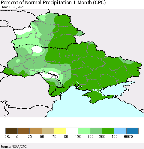 Ukraine, Moldova and Belarus Percent of Normal Precipitation 1-Month (CPC) Thematic Map For 11/1/2023 - 11/30/2023
