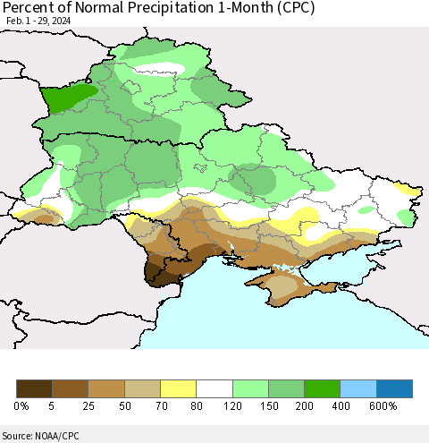 Ukraine, Moldova and Belarus Percent of Normal Precipitation 1-Month (CPC) Thematic Map For 2/1/2024 - 2/29/2024