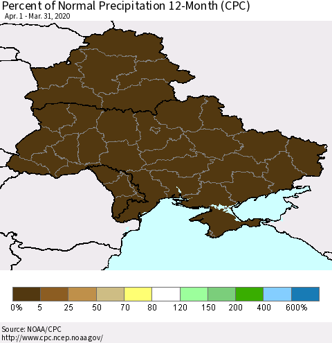 Ukraine, Moldova and Belarus Percent of Normal Precipitation 12-Month (CPC) Thematic Map For 4/1/2019 - 3/31/2020