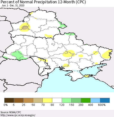 Ukraine, Moldova and Belarus Percent of Normal Precipitation 12-Month (CPC) Thematic Map For 1/1/2020 - 12/31/2020