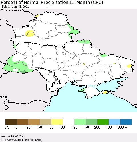 Ukraine, Moldova and Belarus Percent of Normal Precipitation 12-Month (CPC) Thematic Map For 2/1/2020 - 1/31/2021